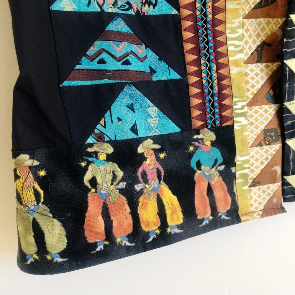 Handcrafted Quilted Folk Art Vest Patchwork Art to Wear Cowboy Western - Picture 3 of 7